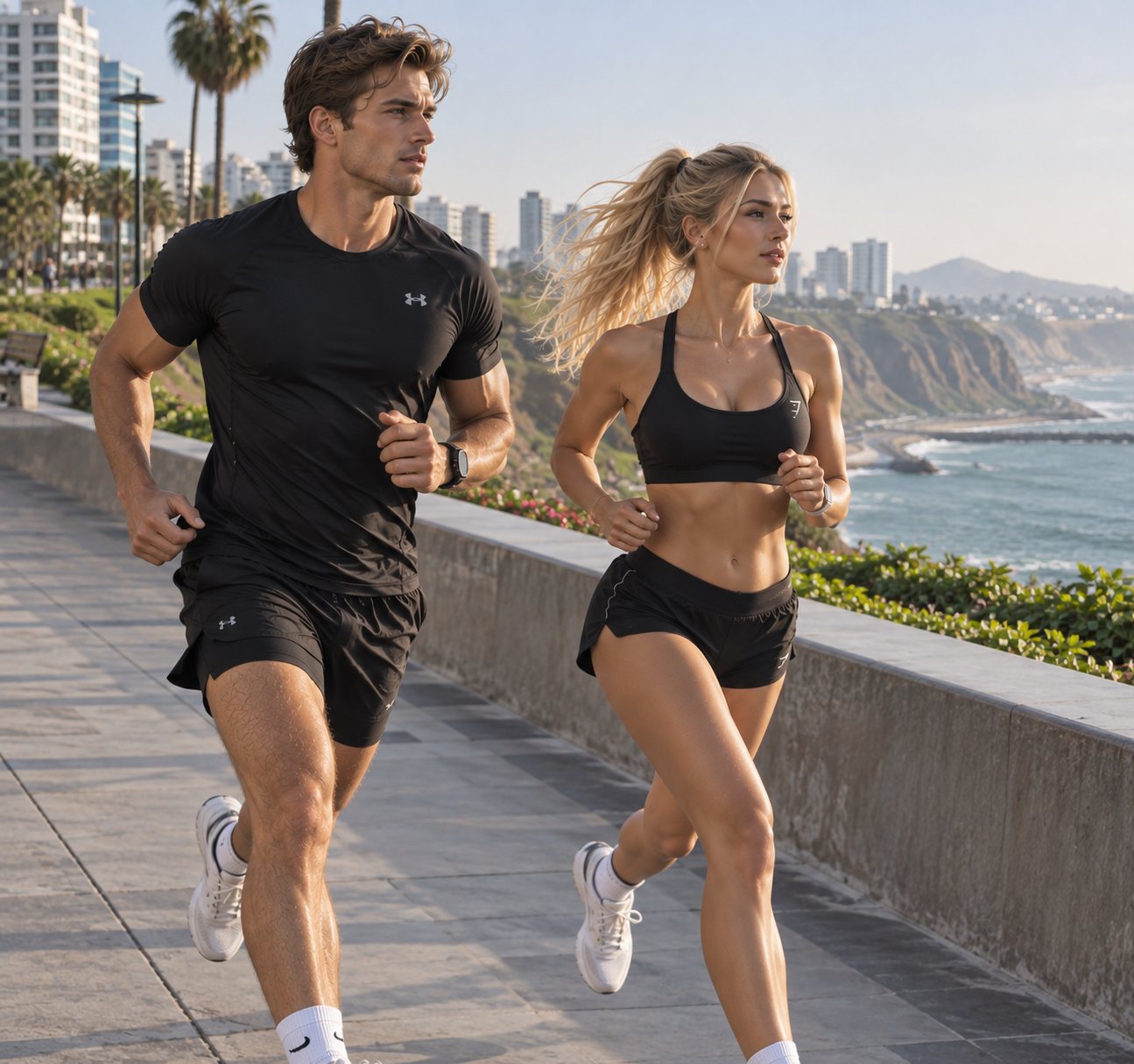 Pareja corriendo junta por un malecón frente al mar al atardecer