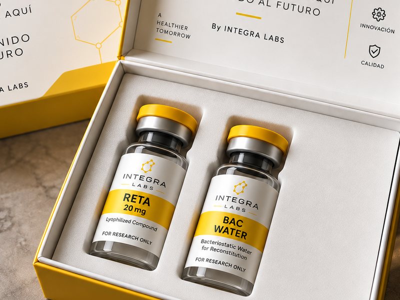 Vial de Retatrutide junto a un vial de Bac water
